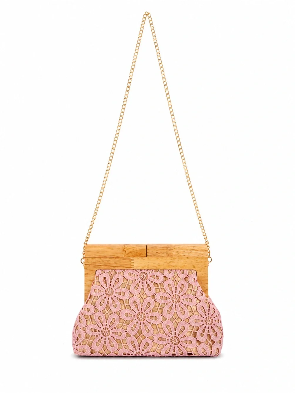 Women’s Pink Lace Floral Clutch with Wooden Frame